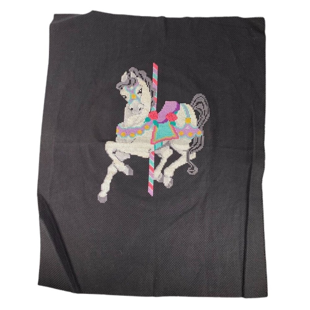 Merry Go Round Horse Cross Stitch Panel COMPLETED Handmade Black 17x14